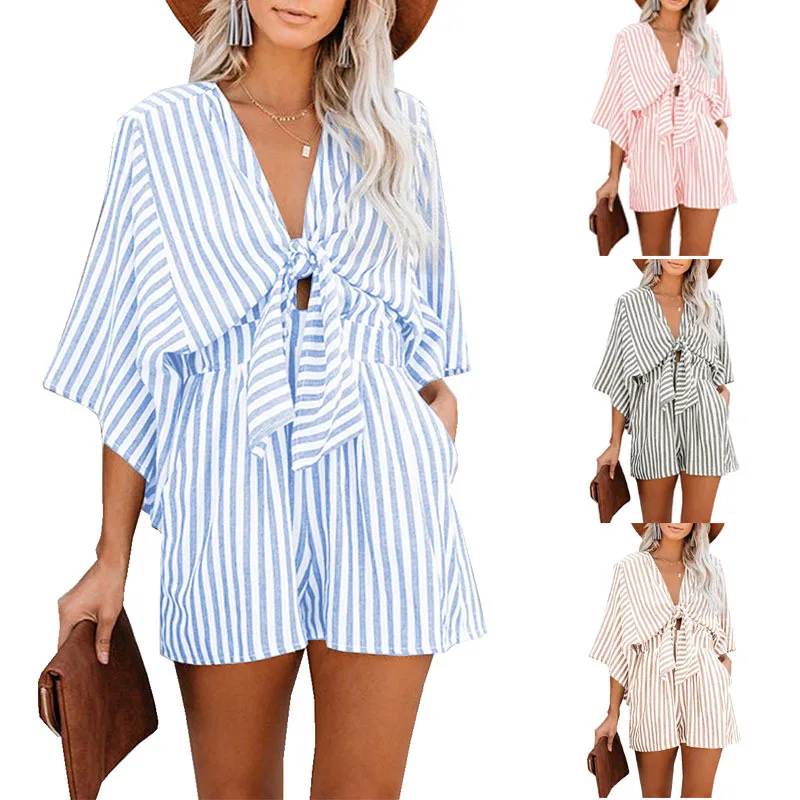 2025 Summer Skinny Striped Jumpsuit Women's European and American Deep V Flared Sleeve Three-Point Pants - AliExpress Jumpsuits&Rompers