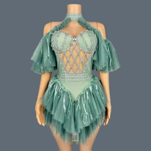 Sweet Gauze Pleated  Bodysuit Sexy Women Club Singer gig Stage Performance Outfit Birthday Party Ultra Short Dress Bodysuit Bibo - AliExpress Jumpsuits&Rompers