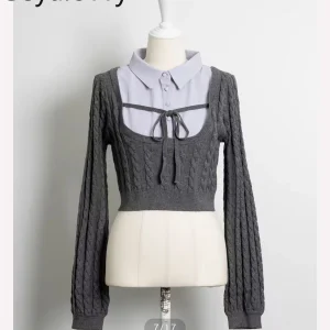 Pure Original Limited Edition College Shirt Collar Patchwork Knitted Pullover Sweet Girls Versatile Tie Braided Short Sweater - AliExpress Sweaters&Jumpers
