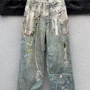 American Sle 3D Printing High Street AC Sle Jeans Lace Pearl Print Loose Fit High Waist Long Pants Faion Urban Youth Ca... - AliExpress Pants