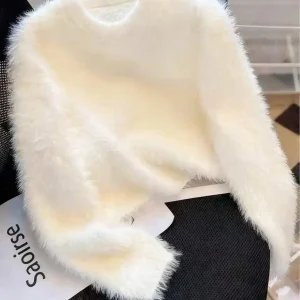 Fluffy White Faux Fur Knit Pullover for Women, Short Loose Fit, Autumn Winter Casual Top - AliExpress Sweaters&Jumpers