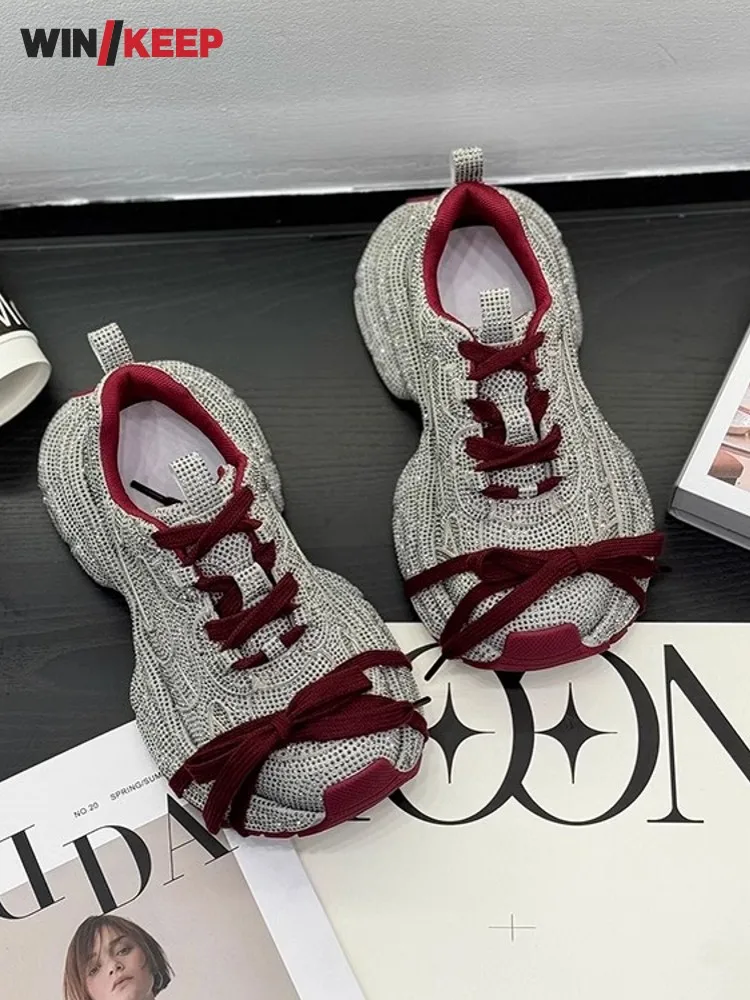 Ladies Breathable Shiny Diamonds Inner Height Increasing Thick Soled Sports Shoes Running Shoes Lace Up Outdoor Jogging Sneakers - AliExpress Sneakers