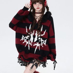 Punk Stripe Hooded Cardigan Y2k Ripped Loose Lantern Sleeve Spider Print Fur Collar Bandage Sweater Women Street Fashion - AliExpress Sweaters&Jumpers