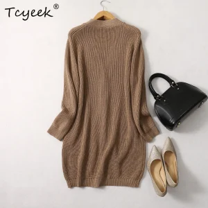 Tcyeek 7Needles 63.9% Silk Cashmere Blend Cardigan Women's V neck Pockets Long Thick Sweater Dress Top Autumn Winter T38504QM - AliExpress Sweaters&Jumpers