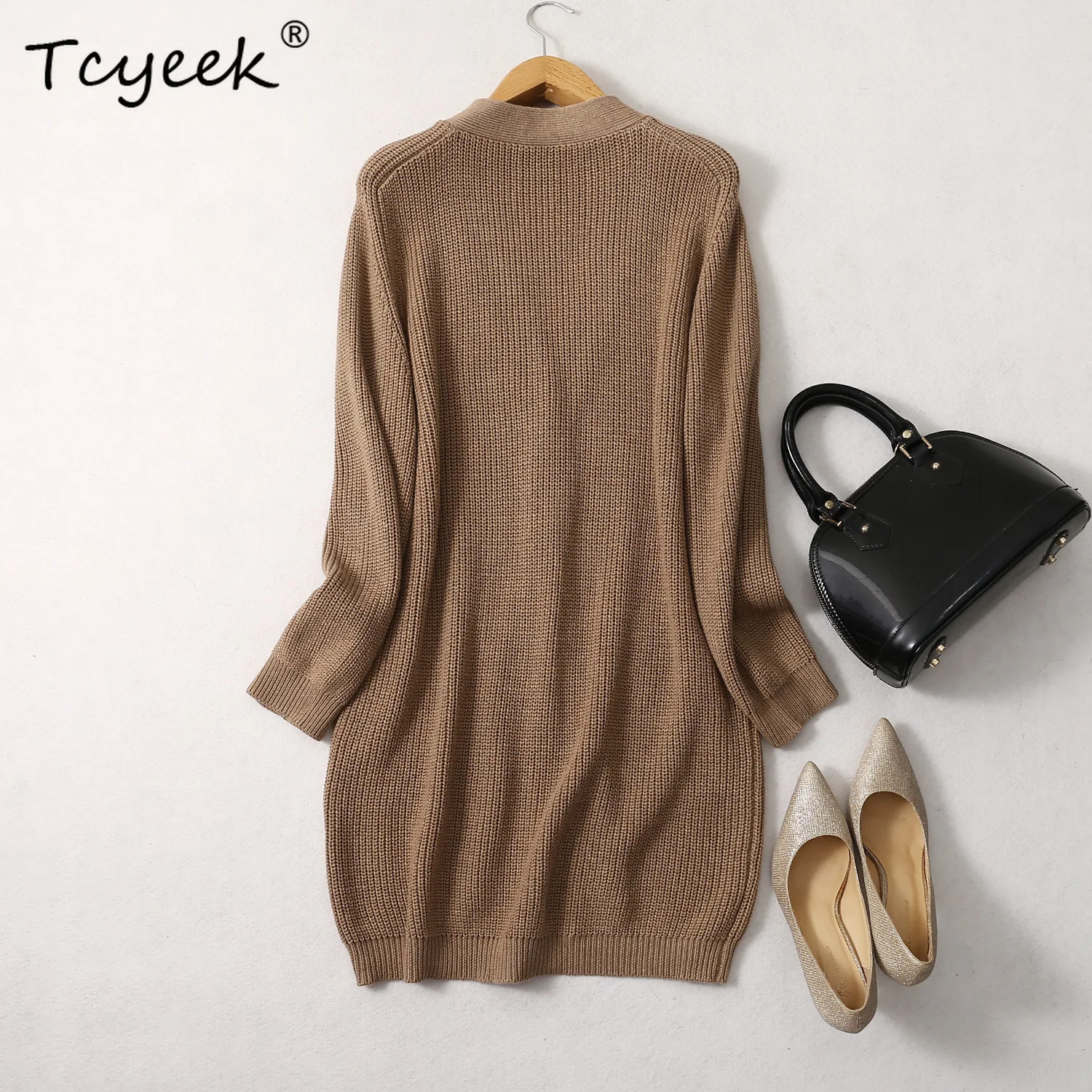 Tcyeek 7Needles 63.9% Silk Cashmere Blend Cardigan Women's V neck Pockets Long Thick Sweater Dress Top Autumn Winter T38504QM - AliExpress Sweaters&Jumpers