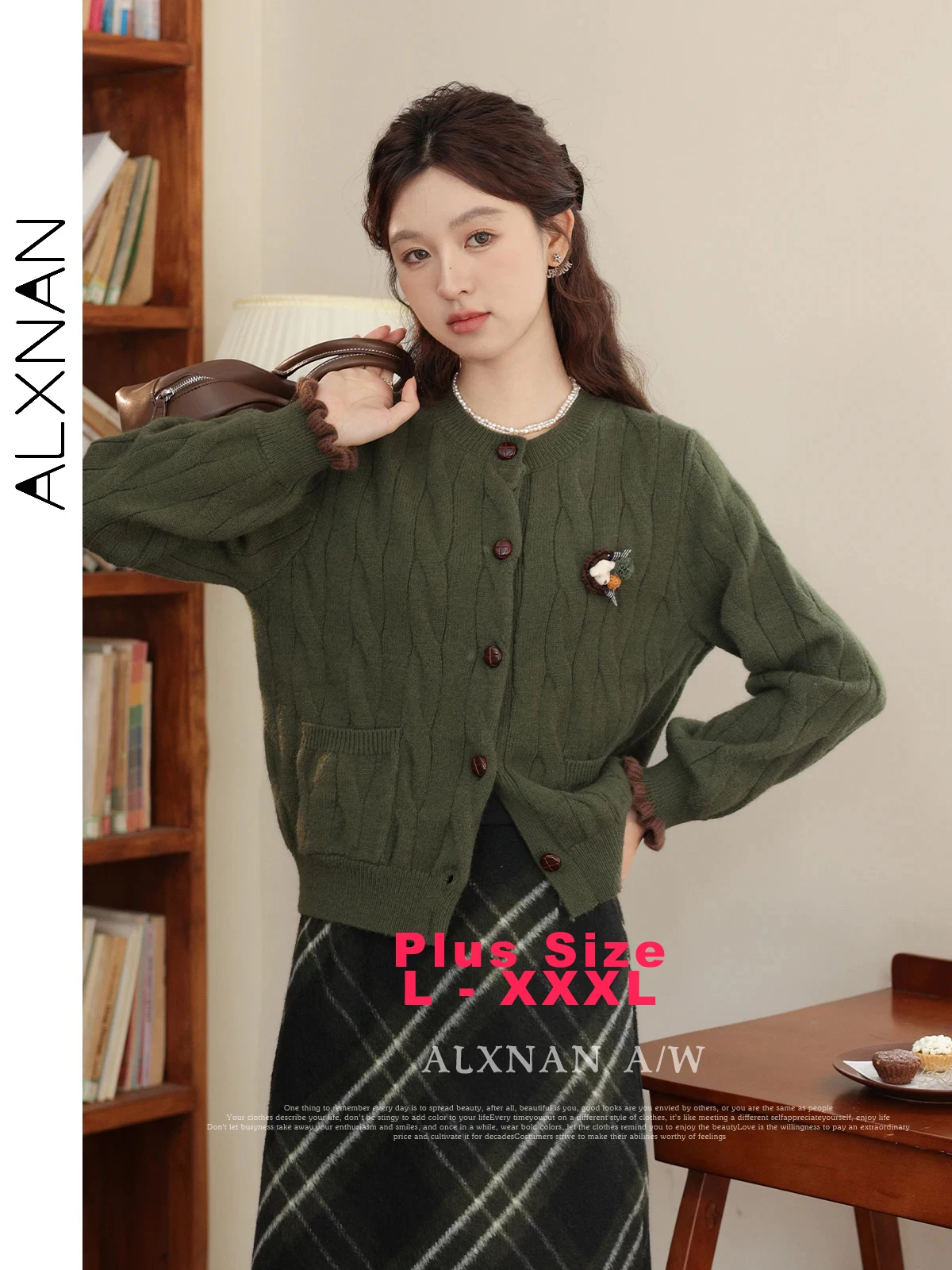 ALXNAN Plus Size Knit Cardigans O-neck Lantern Sleeve Bear Brooch Resin Buttons Sweaters Fall Winter Women's Clothing D00926 - AliExpress Sweaters&Jumpers