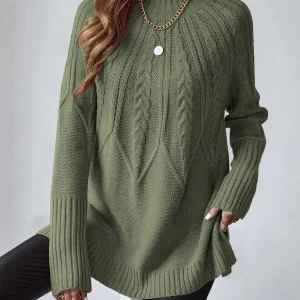 Olive Green Cable Knit Oversized Pullover Sweater with Ribbed Cuff and Hem - AliExpress Sweaters&Jumpers