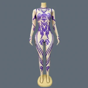 Purple Printing Rhinestone Drag Queen Performer Wear gig Stage Dancer Tight Fitting Jumpsuit Spandex Elastic Pantyhose Zilian - AliExpress Jumpsuits&Rompers