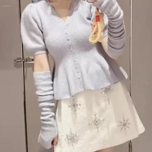 Japanese Style Cuat and Sweet V-neck Pullover Sweater Top Puff Sleeve Bow Tie Waist-cinching Women's Knitted Shirt Autumn Winter - AliExpress Sweaters&Jumpers