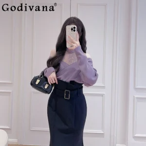 Sweet Pure Desire Style Lace Sweater Ladies Patchwork Cross Off Shoulder Jumpers Women's Japanese Fake Two Piece Knitted Sweater - AliExpress Sweaters&Jumpers
