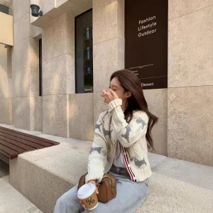 High Quali Knitted Women's Sweater Classic Embroidery round Ne Casual Versatile Little Dog Embedded Flower Open Cardigan - AliExpress Sweaters&Jumpers
