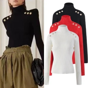 High Collar Gold Button Knitted Sweater Long Sve Base Layer Women's Faion Spring  Slimming Pure Color Trendy Top - AliExpress Sweaters&Jumpers