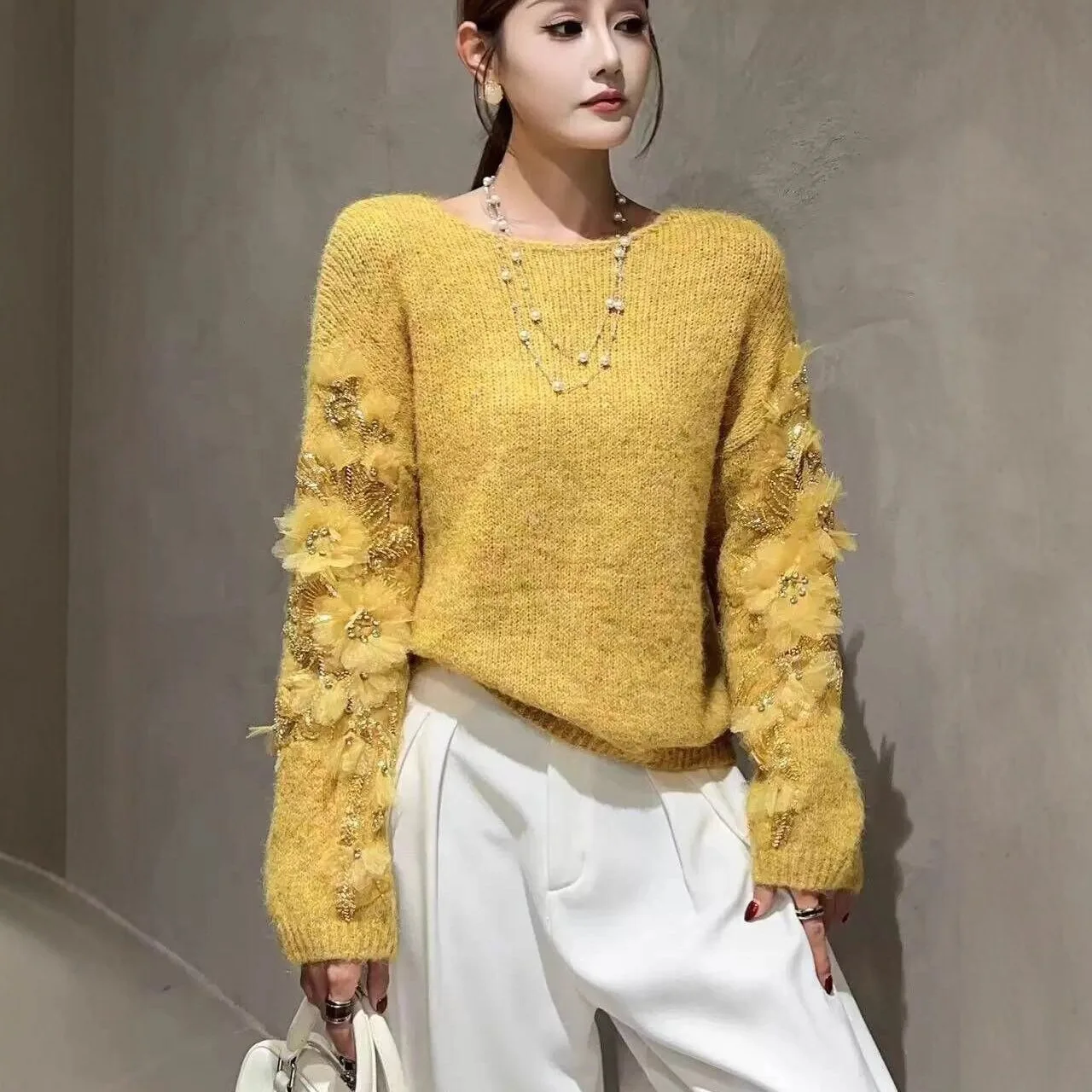 Sweet Knitted Sweater Glittering Flower Loose Fit Faionable Winter New Arrival Heavy Embroidery iny Sequin Women's Camere - AliExpress Sweaters&Jumpers