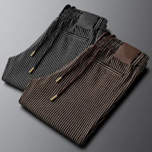 Light luxury men's vertical striped casual pants slim slim straight leg men's pants autumn winter fur elastic waist sports pants - AliExpress Pants