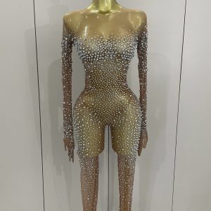Luxury Sparkly Rhinestones Sexy Mesh See Through Bodycon Jumpsuit Women Birthday Gown Women Bar Nightclub Dancer Stage Outfit - AliExpress Jumpsuits&Rompers