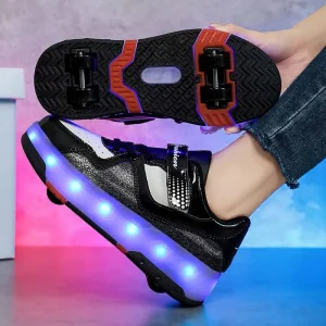 Kids 4 Wheel Roller Skate Shoes Women Man Telescopic Deformation Shoes Lights Up LED Girl Boy Adjustable Rolling Skates Sneakers - AliExpress Children's Shoes