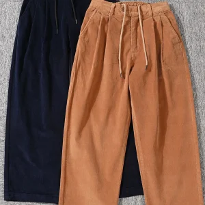 Retro Sle Men's Casual Pants Velvet Loose Elastic Waist Dstring Nine Points Straight Leg Cotton Trousers for Daily Wear - AliExpress Pants