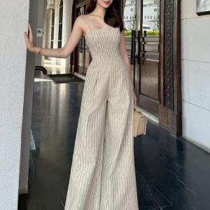 Trendy Striped Women's One-Piece Pantsuit Ele Lady's Dr Slimming Wide Leg Pants High Waist Long Polyester Fiber - AliExpress Jumpsuits&Rompers