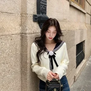 Warm Knitted Sweater with Detachable Flower Collar in Navy Color Contrast Sweet Anti-Aging Design Autumn Winter New Women's F... - AliExpress Sweaters&Jumpers