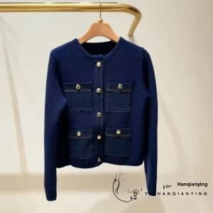Early Autumn Casual Denim Patchwork round Ne Knitted Open Cardigan Women's Faion French Sle with kets - AliExpress Sweaters&Jumpers
