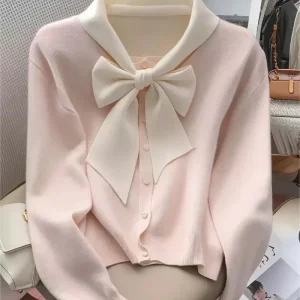 Women's Pink Bow Turn Collar Down Sweater Autumn Winter Unique Chic Knit Cardigan Sweet Cute Design Sense Long Sleeve Loose Top - AliExpress Sweaters&Jumpers