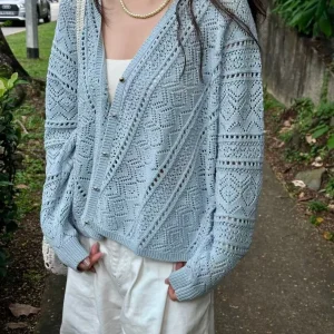 Spring 2026 n Sle Light Blue Knitted Hollow out V-Ne Women's Open Cardigan Floral Pattern French Sle Loose Fit - AliExpress Sweaters&Jumpers
