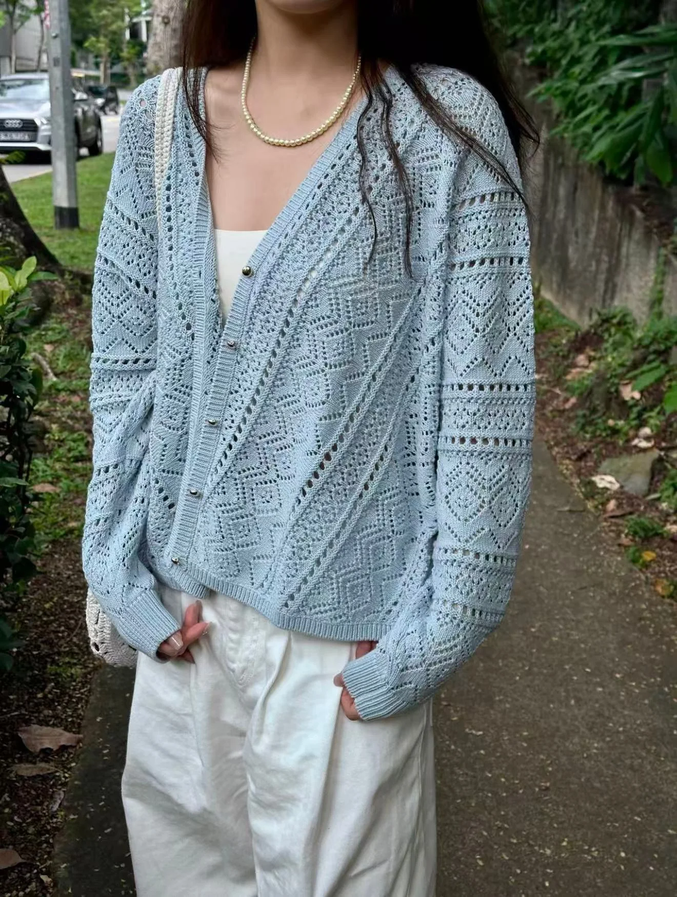 Spring 2026 n Sle Light Blue Knitted Hollow out V-Ne Women's Open Cardigan Floral Pattern French Sle Loose Fit - AliExpress Sweaters&Jumpers