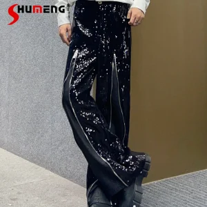 Fashion Men's Suit Pants 2025 Summer New Sequin Zipper Design Trend Loose Versatile Long Pants Male Blingbling Stylish Trousers - AliExpress Pants