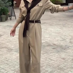 Office Lady Fashion Jumpsuit Spring Autumn Long Sleeve High Waist Khaki Rompers Women Single Breasted Loose Fit Straight Pants - AliExpress Jumpsuits&Rompers