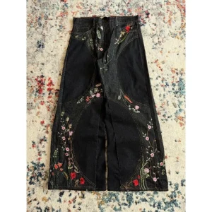 Y2K Floral Embroidery Vintage Jeans Harajuku Sle Bla Straight Leg Eighteen orts Men Women Youthful Energy Tourist Wear - AliExpress Pants