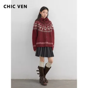 CHIC VEN Korean Women Cardigans with Hats Atmosphere Loose O-neck Jacquard Knitted Sweaters Fashion Clothes Autumn Winter 2026 - AliExpress Sweaters&Jumpers