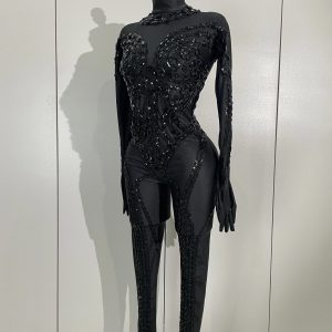 Luxury Festivals Outfit Sparkle Diamonds Sequins Black Spandex Jumpsuit Women Eveing Birthday Party NightClub Bar Stage Costume - AliExpress Jumpsuits&Rompers