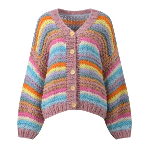 Rainbow Stripes Color Blo V-Ne Knitted Cardigan Versatile Comfortable Design Sensation Autumn New Arrival Women's Top - AliExpress Sweaters&Jumpers