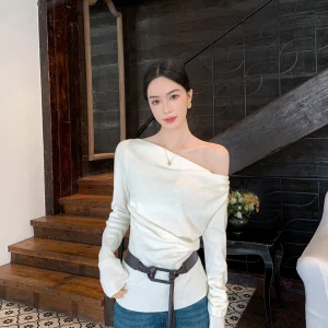 Binguo Early Spring Irregular Knitted Top Women's Base irt One-oulder Design Commute Sle Medium Thin Long Sve - AliExpress Sweaters&Jumpers