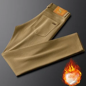 Khaki Fce Lined Thi Casual Pants Men's Slim Fit Busin Trousers Autumn Winter Warm Straight Leg Pants - AliExpress Pants