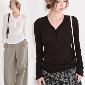 Fano Spring 2026 Women's Loose Knitted Long Sve V-Ne Top with Wood ain Ruffle Casual Comfortable Breathable Faion - AliExpress Sweaters&Jumpers
