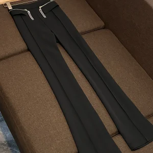 Busin Casual Wide Leg Pants Women's Bla Decorative Chain Design Lengthening Leg Effect High Waist Straight Cut Trousers - AliExpress Pants