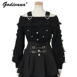 2025 Autumn and Winter Fuzzy Rhinestone Heart Button Bow Knitted Sweater Japanese Liz Sweet Strapless Pullover Sweaters Top - AliExpress Sweaters&Jumpers