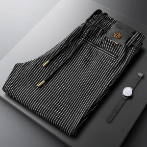 Slim Fit Men's Casual Pants Vertical Stripes Fce Autumn Winter Sports Trousers Straight Leg Elastic Waist - AliExpress Pants