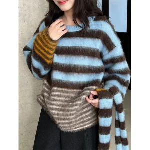Retro Striped Knitwear Women's Autumn Winter Set Fce Scarf Sweater Two-Piece Set Top SS947 Loose Fit Overhead Print Medium... - AliExpress Sweaters&Jumpers