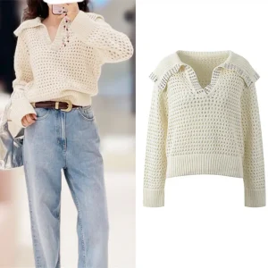 High-End Version White Knitted Hollow out Navy Collar Diamond Decorated Women's Sweater ort Length Long Sve Autumn New A... - AliExpress Sweaters&Jumpers