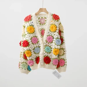 Jastie Heavy Sweater Cardigan Hand Hook Three-dimensional Flower Hollow Sweet Sweater Cardigan Jacket Luxury Design Knitted Top - AliExpress Sweaters&Jumpers