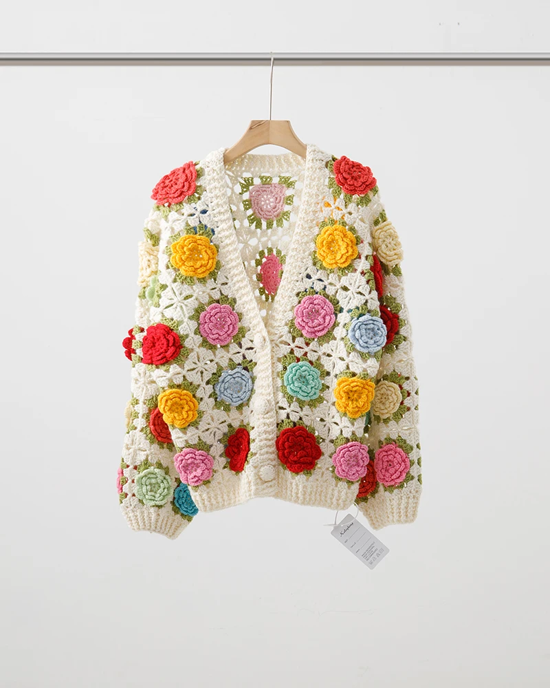 Jastie Heavy Sweater Cardigan Hand Hook Three-dimensional Flower Hollow Sweet Sweater Cardigan Jacket Luxury Design Knitted Top - AliExpress Sweaters&Jumpers