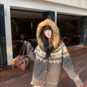 Seoul Sle Women's Knitted Open Cardigan Sweater with Large Fur Collar Lazy Faion Long Sve Cotton Coat for Autumn Winter - AliExpress Sweaters&Jumpers
