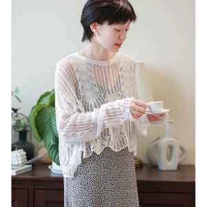 Retro round Ne White Linen Cotton Knitted Cover up Women's Summer New Loose Thin Air Conditioning Top Sve Long ort Sle - AliExpress Sweaters&Jumpers