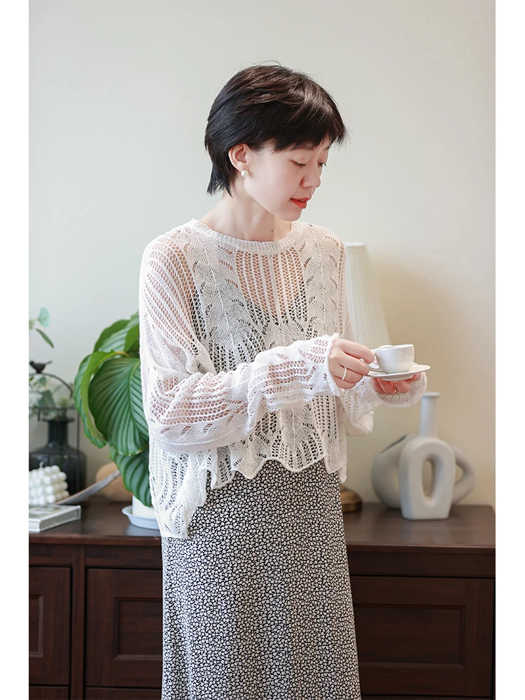 Retro round Ne White Linen Cotton Knitted Cover up Women's Summer New Loose Thin Air Conditioning Top Sve Long ort Sle - AliExpress Sweaters&Jumpers