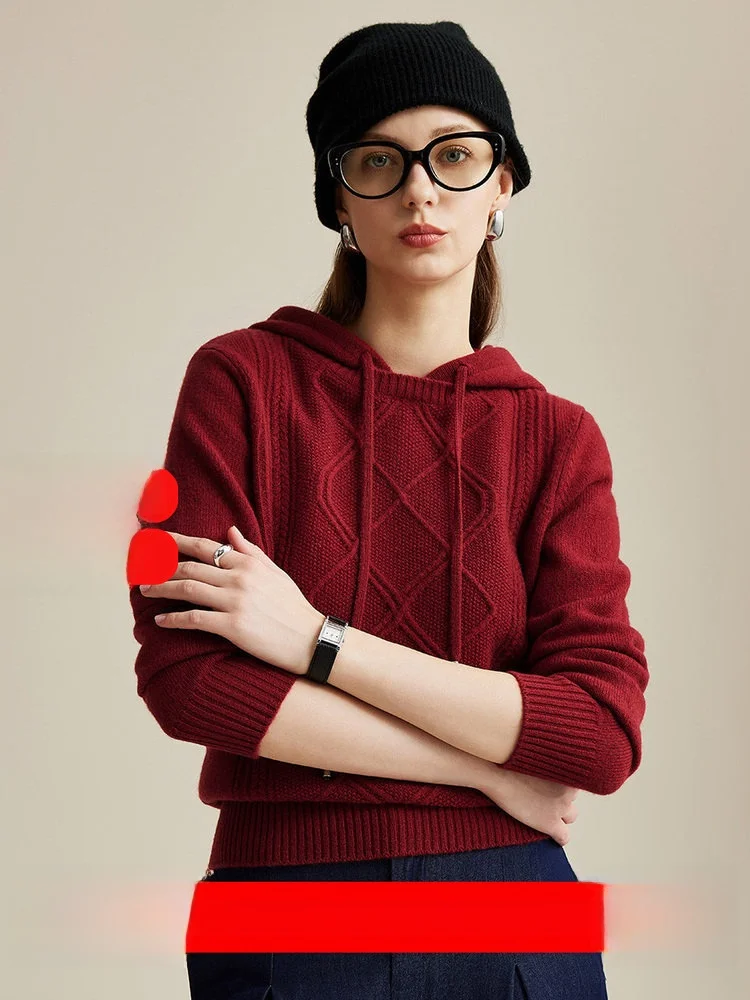 Zhaojun 2026 Spring New Red Pure Wool Knitted Sweater Women's Hooded Thiened Woolen Knitwear Casual Straight Fit Long Sve - AliExpress Sweaters&Jumpers