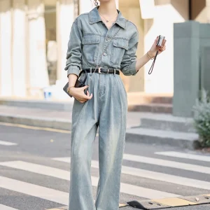 American Sle Retro Workwear Denim Overalls Women's Loose Casual Waist Cinching Slimming Pants High Waist Long Straight Leg - AliExpress Jumpsuits&Rompers