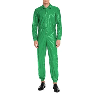 Men Long Sleeve Shiny PVC Leather Casual Jumpsuit Club Role Play Outfits Turn-down Collar High Waist One Piece Catsuit Rompers - AliExpress Pants
