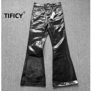 High Street Dark RO Style Coated Glossy Patent Leather Dark Floor Down Casual Bell Bottoms Pant Men's Streetwear Pants - AliExpress Pants
